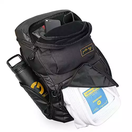 Gold BJJ Jiu Jitsu Backpack - Heavy Duty Gym Bag with Waterproof Gi Pocket (Black)