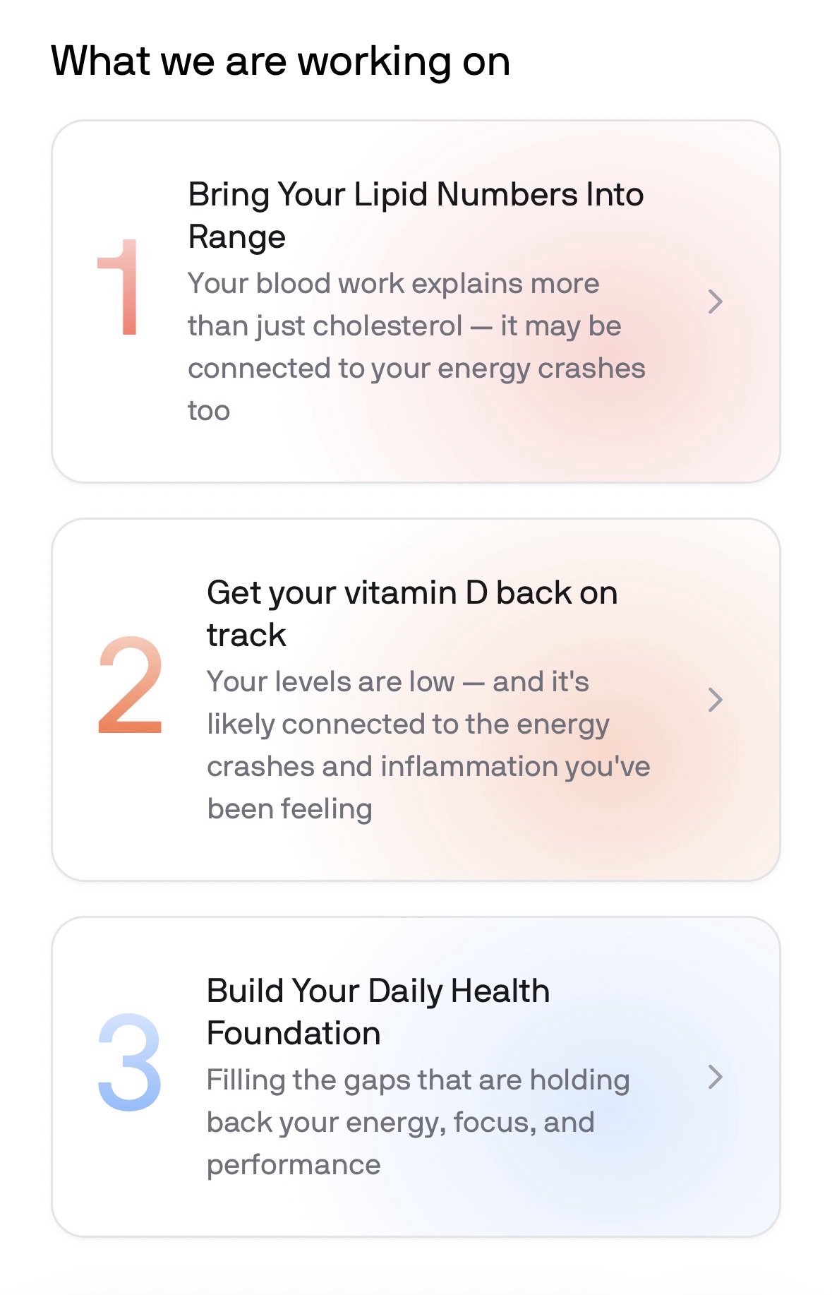 Actionable results and things to work on that Superpower Health gives you 