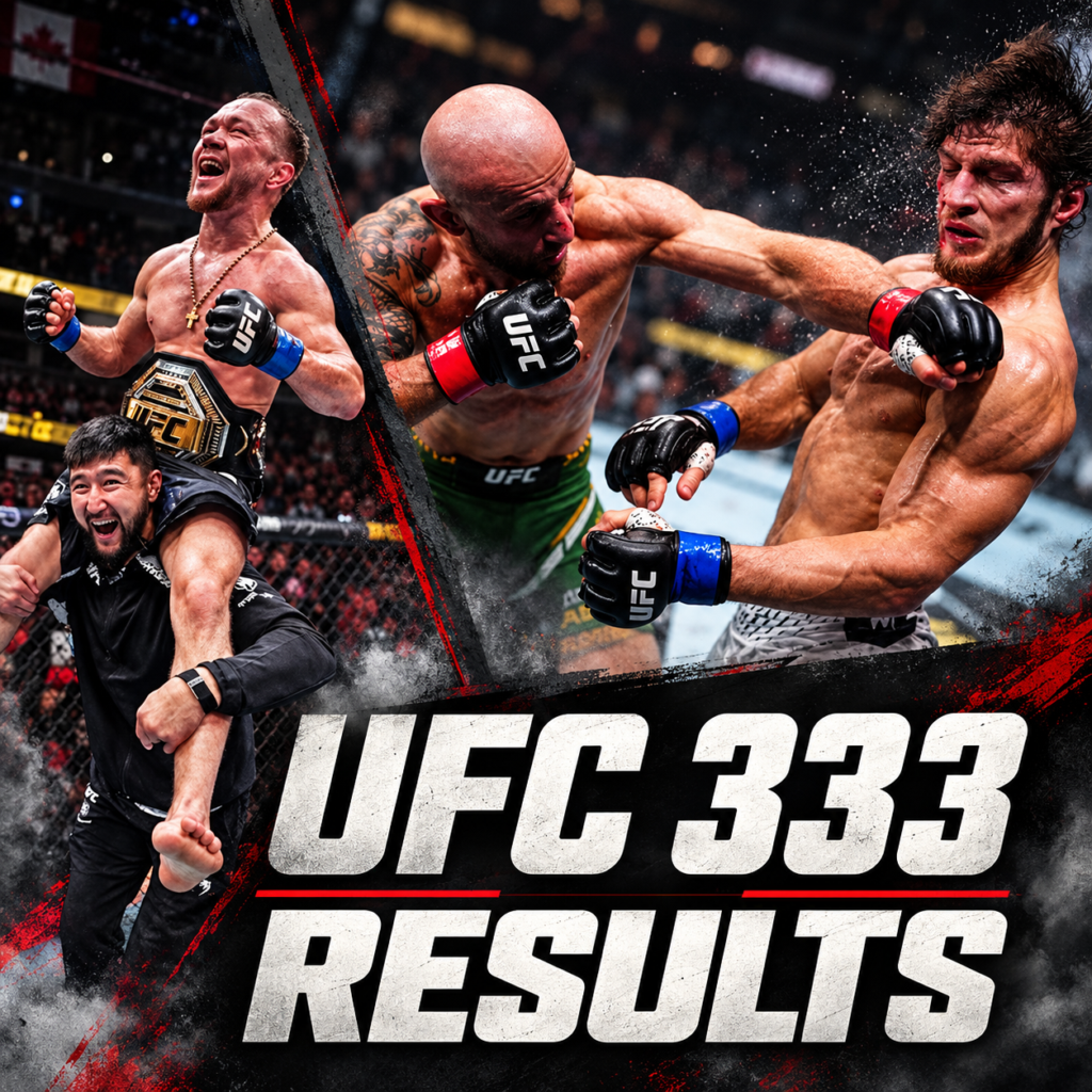 ufc 333 results; "Alexander Volkanovski lands punches on Movsar Evloev at UFC 333 in Abu Dhabi
